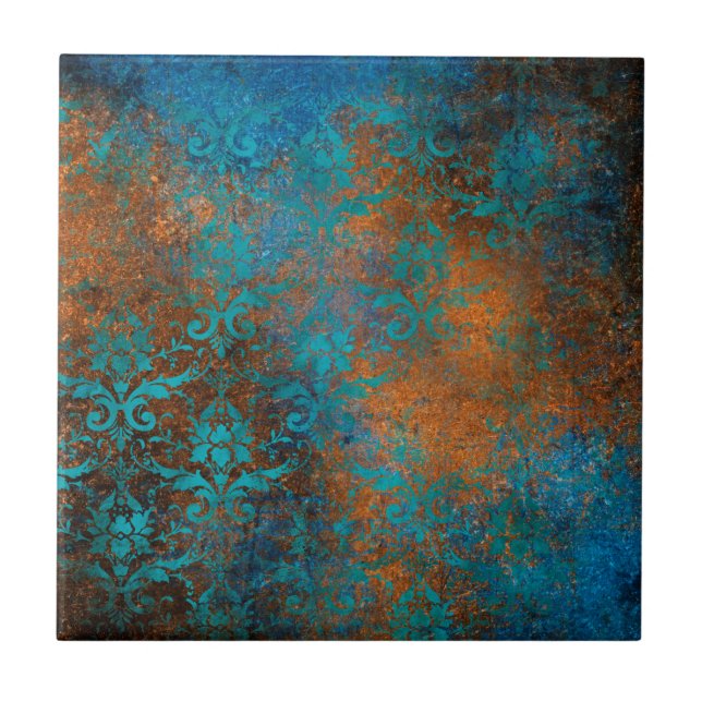 Carreau Grunge Brown Blue Floral Motif décoratif (Devant)