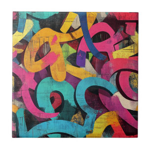 Carreau Grunge Graffiti Abstrait en Rose Jaune Bleu