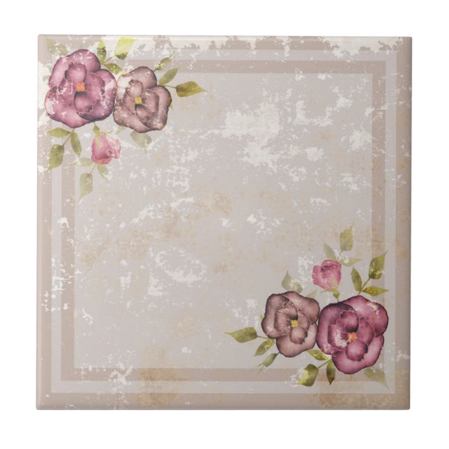 Carreau Grunge rustique rétro texture beige fleurs rose fl (Devant)