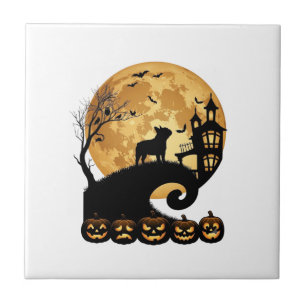 Carreau Halloween Bouledogue Français Lune Citrouilles Squ