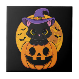 Carreau Halloween Chat Noir Sorcière Casquette Citrouille