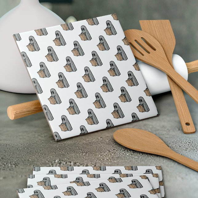 Carreau Halloween, Fantôme Gris Mignon, Friandise ou Farce (Créateur téléchargé)