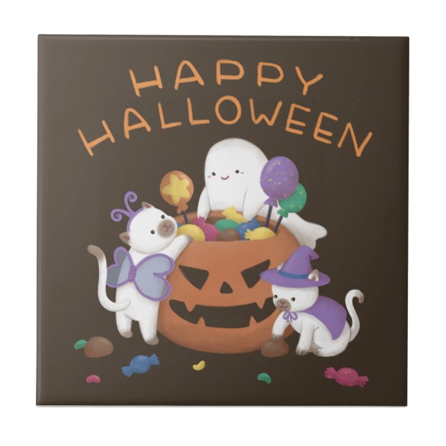 Carreau Halloween heureux : Chats et fantômes (Devant)