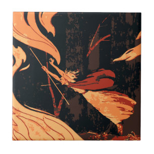 Carreau Halloween vintage, sorcière maléfique avec feu en 