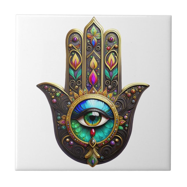 Carreau Hamsa Brun Doré Coloré Arc-en-Ciel Troisième Œil C (Devant)