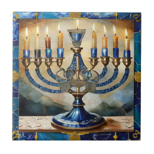 Carreau Hanoukka bleue Menorah