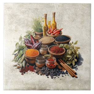 Carreau Herbes rustiques Épices en aquarelle