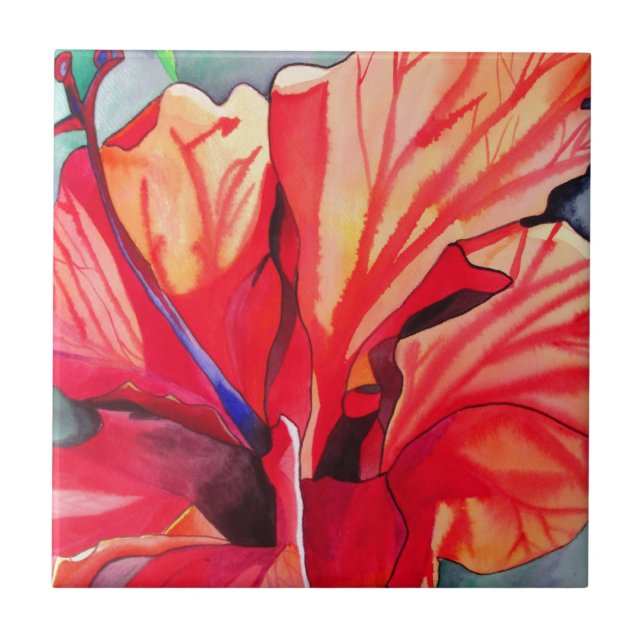 Carreau Hibiscus rouge fleurs tropicales aquarelle art (Devant)