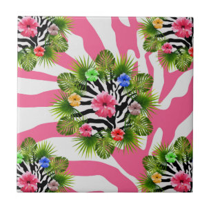 Carreau Hibiscus tropical et rayures exotiques de zèbre ro