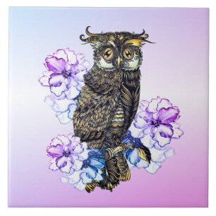 Carreau Hibou Brun Fleurs Violettes