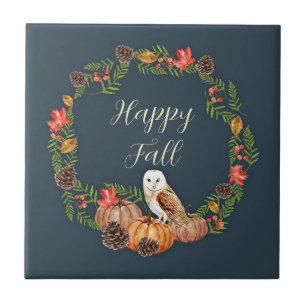 Carreau Hibou d'automne et citrouilles avec texte personna