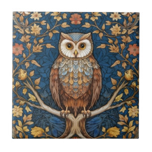 Carreau Hibou sur une branche bleu automne arrière - plan