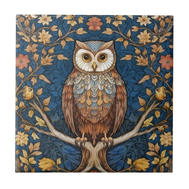Carreau Hibou sur une branche bleu automne arrière - plan  (Devant)