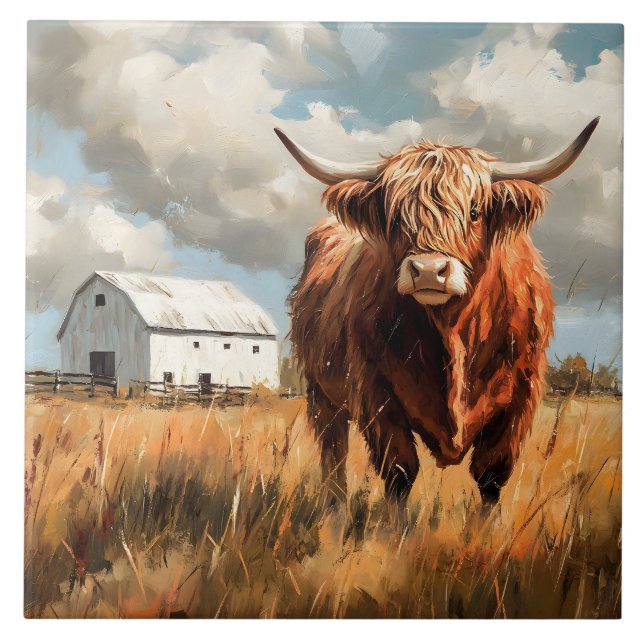 Carreau Highland Cow White Barn Rustic (Devant)