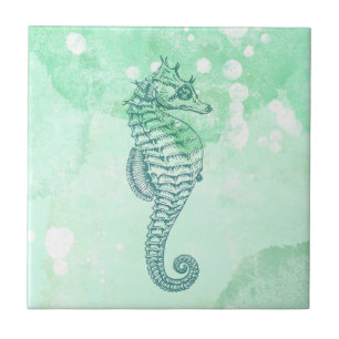Carreau Hippocampe élégant aquarelle bleue