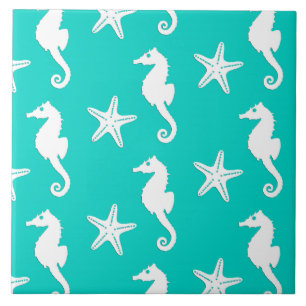 Carreau Hippocampe et étoile de mer - blanc sur turquoise