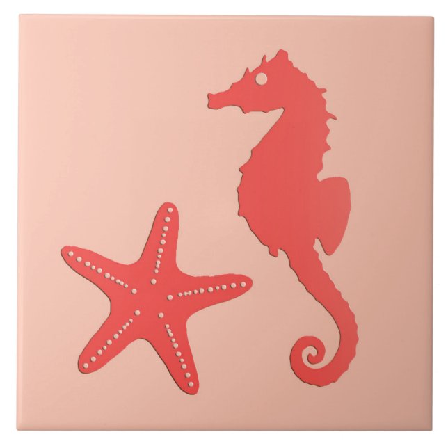 Carreau Hippocampe et étoile de mer - nuances de corail or (Devant)