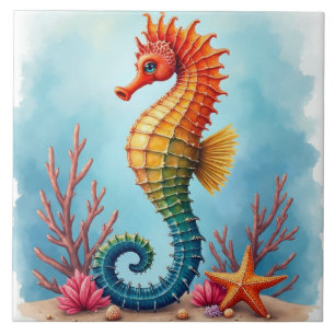 Carreau Hippocampe, étoile de mer et corail