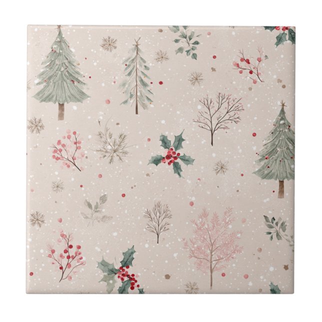 Carreau Hiver Rose - Feuilles de houx, pin, flocons de nei (Devant)