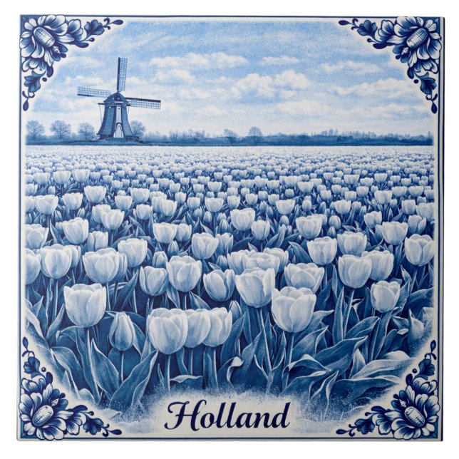 Carreau Holland tulips Delft Blue style ceramic tile (Devant)