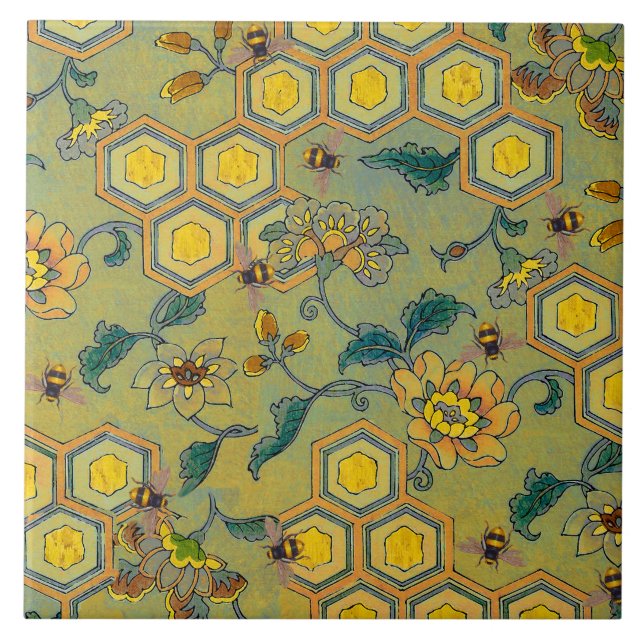 Carreau HONEY BEES, BEEHIVES, FLEURS DE PRINTEMPS Jaune Ve (Devant)
