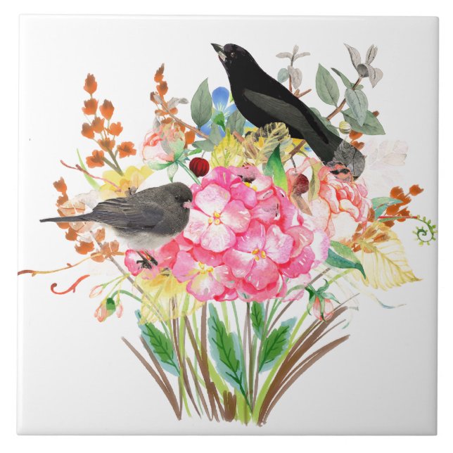 Carreau Hydrangea à l'aquarelle décorative avec oiseaux (Devant)