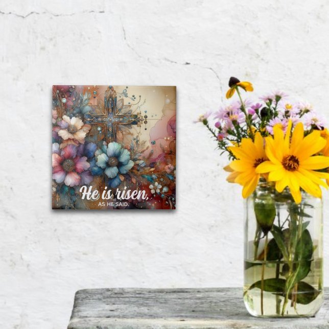 Carreau Il Est Ressuscité Écriture Florale Aquarelle Croix (Créateur téléchargé)