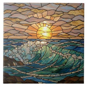 Carreau Illusion de verre tendu de Sunrise Ocean Waves