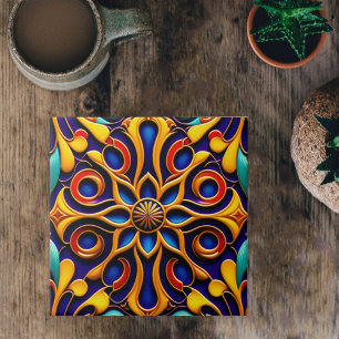 Carreau Illustration Art Déco Floral Bleu Rétro