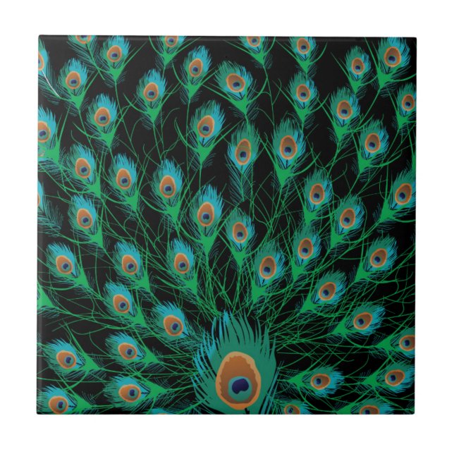 Carreau Illustration avec des plumes de paon sur le noir (Devant)