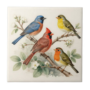 Carreau Illustration de branche fleurie avec oiseaux chant