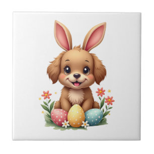 Carreau Illustration de chien de Pâques vintage avec lapin