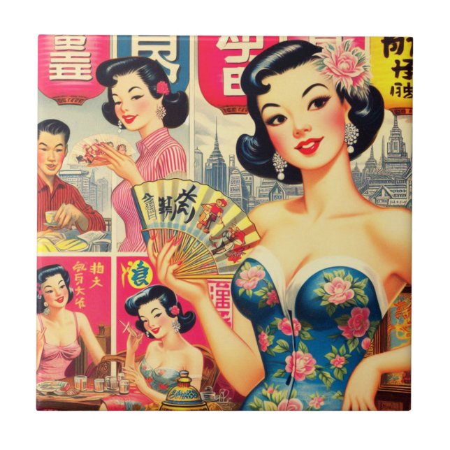 Carreau Illustration de filles japonaises Vintages (Devant)