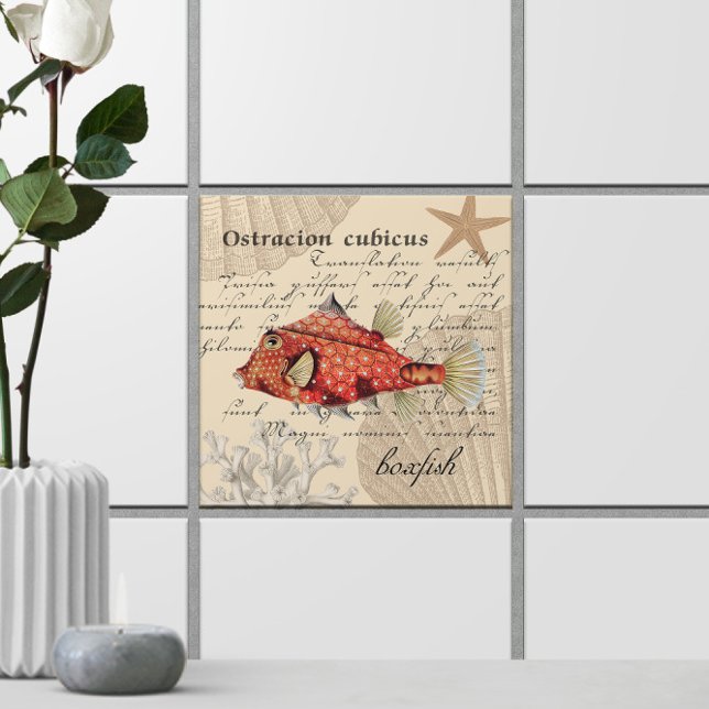 Carreau Illustration de l'Orange Boxfish 🐡 Nautique Vinta (Orange Boxfish Illustration 🐡 Nautical Vintage Ceramic Tile
)