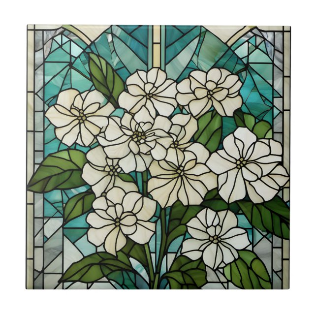 Carreau Illustration d'Hydrangée en verre tendu (Devant)