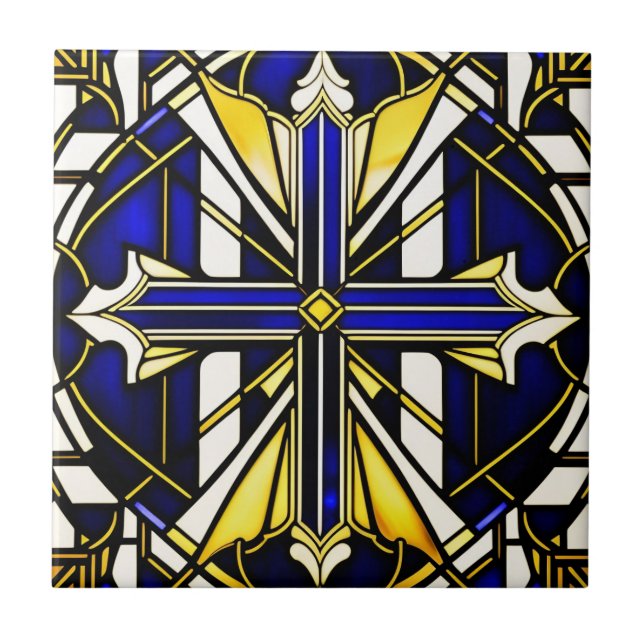 Carreau Illustration en verre teint bleu croisé (Devant)