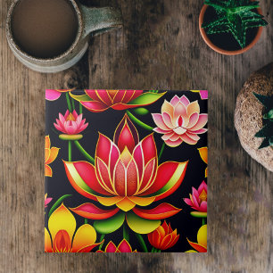 Carreau Illustration florale de lotus rouge