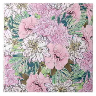 Carreau Illustration florale rose et blanche de mignonne f
