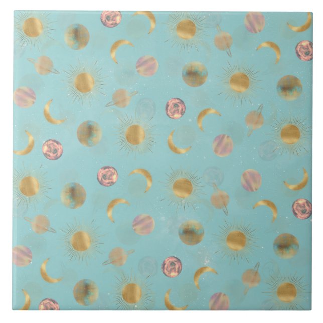 Carreau Illustration Gold Sun Moon Planètes Space Blue (Devant)