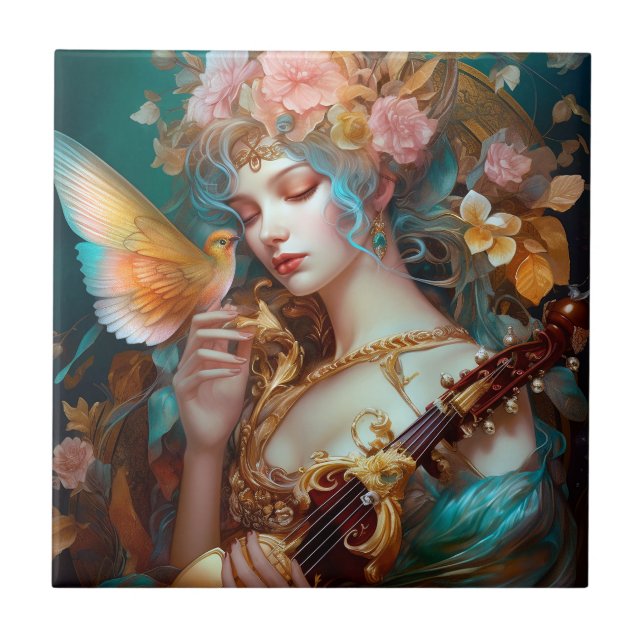 Carreau Imaginaire Lady Avec Lute & Butterfly Bird (Devant)