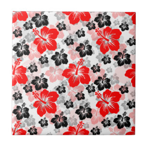 Carreau Imprimé floral d'Hibiscus Tropical Rouge Noir