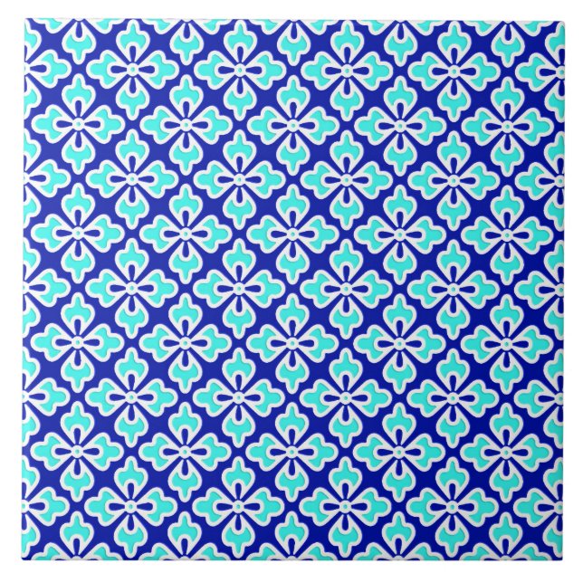 Carreau imprimé kimono floral, bleu turquoise et bleu coba (Devant)