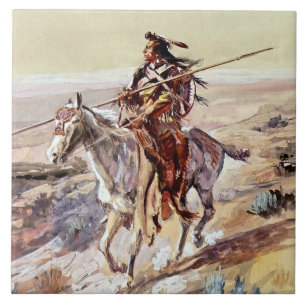 Carreau "Indian With Spear" Cowboy Art de Charles Russell