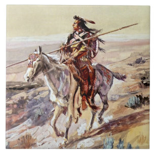Carreau « Indien avec lance » Cowboy Art par Charles Russe
