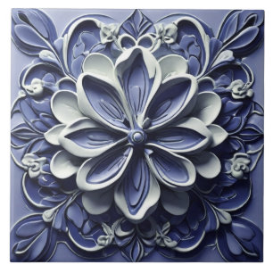 Carreau Indigo Azulejo Bleu Portugais Faux Relief Floral
