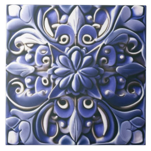 Carreau Indigo Azulejo Blue Faux Relief Fleur botanique