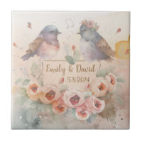 Inséparables aquarelle avec roses pour mariage