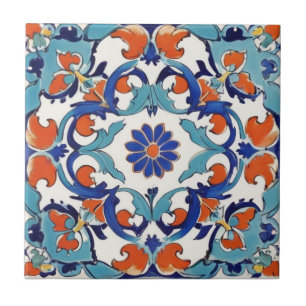 Carreau Iznik Floral turc Vintage Turquoise Blue Flower