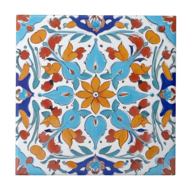 Carreau Iznik Turc Orange Rouge Turquoise Bleu Floral (Devant)