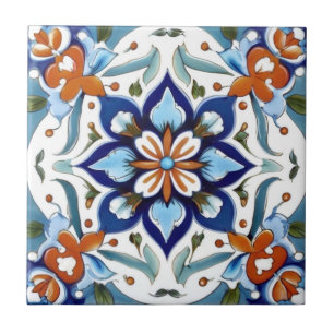 Carreau Iznik Turc traditionnel Orange Rouge Bleu Fleur